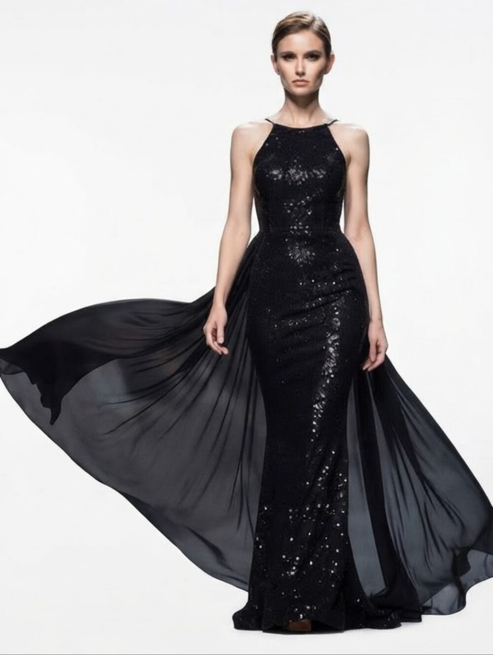 Black, O Neck Sleeveless,  Detachable Skirt, Contrast Sequined Mermaid G…